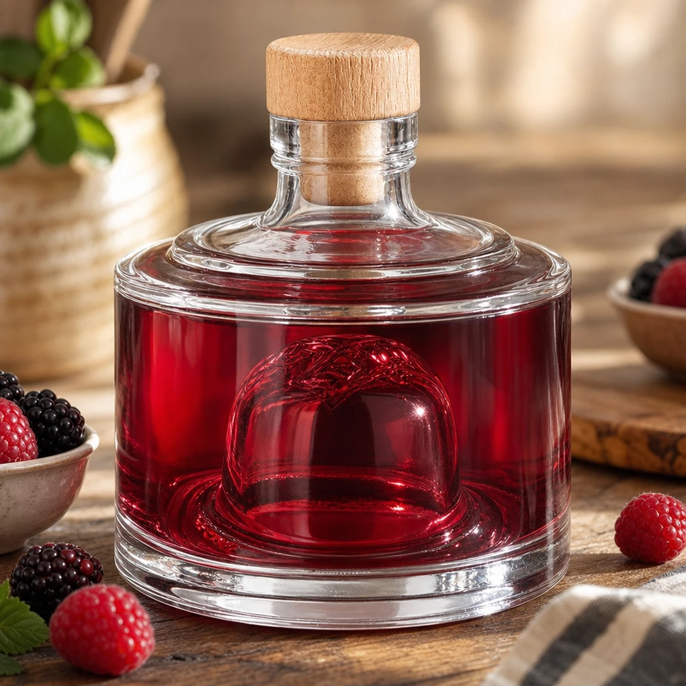 200ml Glasflasche Barbara mit Beerensaft gefüllt umgeben von frischen Himbeeren und Brombeeren rustikale Küchendeko