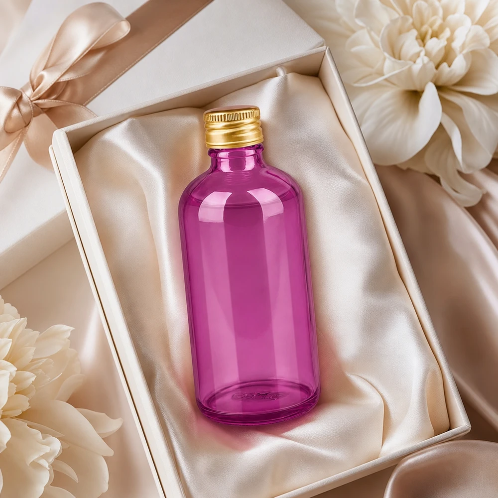 100ml Flasche 11mm Schraubverschluss Alu-Gold Standard PurpleLine. UT18/100 Kleine 100ml Glasflasche in Purple mit festem Verschluss ideal für Reise und unterwegs