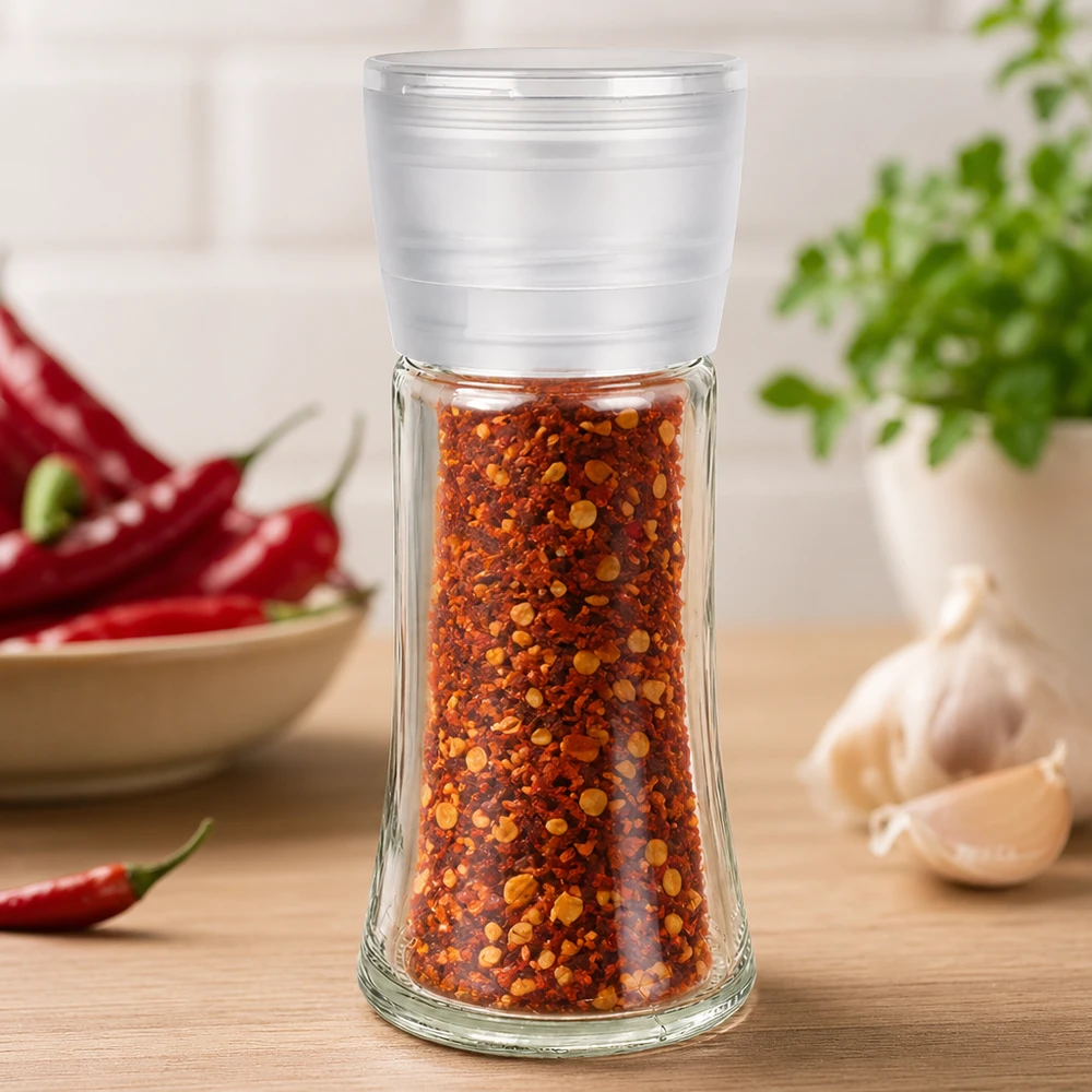 Salz-/Gewürzglas 95ml mit Mühle Vario weiss Salzmühle Vario 95ml mit Chiliflockenfüllung zwischen frischen Zutaten auf Holztisch