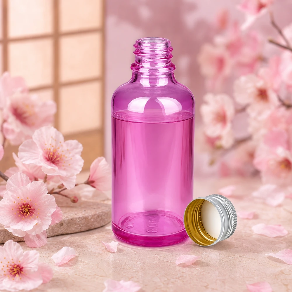 Praktische 50ml Glasflasche purple mit wiederverschließbarem 11mm Alu-Silber Deckel