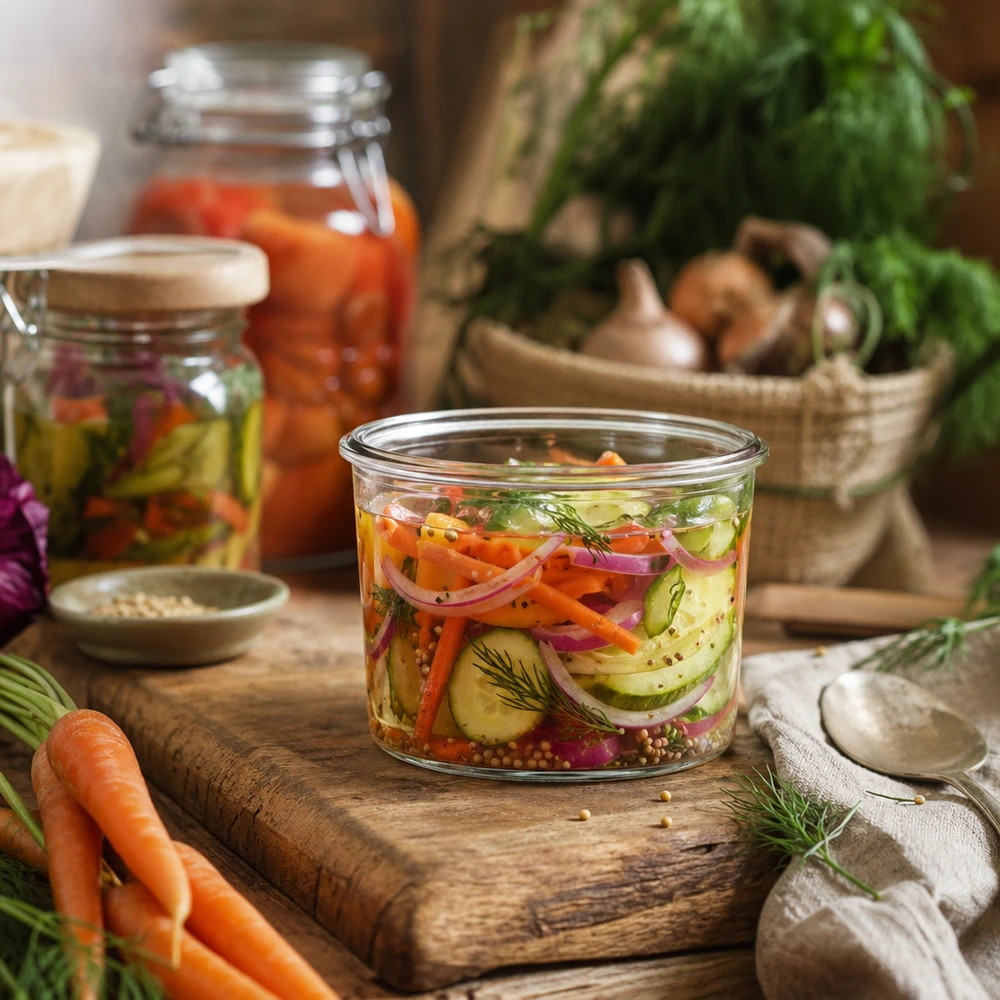 35ml Sturzglas WECK RR40 WECK Sturzglas 35ml mit eingelegtem Gemüse auf Holzbrett, Einmachglas für Fermentation und Konservierung