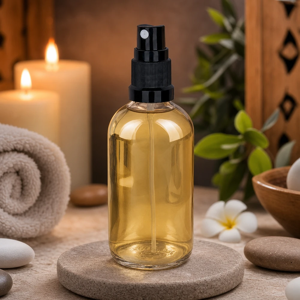100ml Feinnebel-Glasflasche STD UT18/100 gefüllt mit goldenem Öl auf rundem Steinsockel