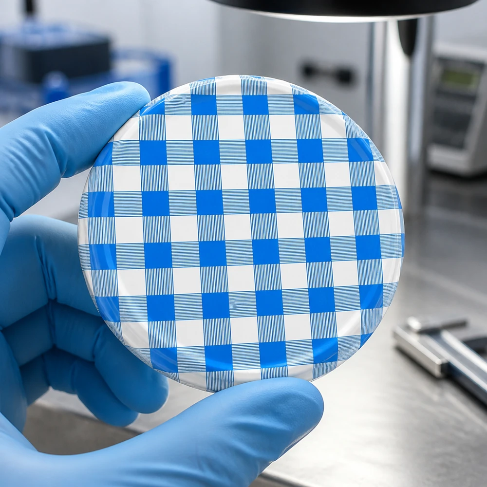 Lebensmittelechter BasicSeal Deckel 82mm kariert blau weiß hygienische Verpackung