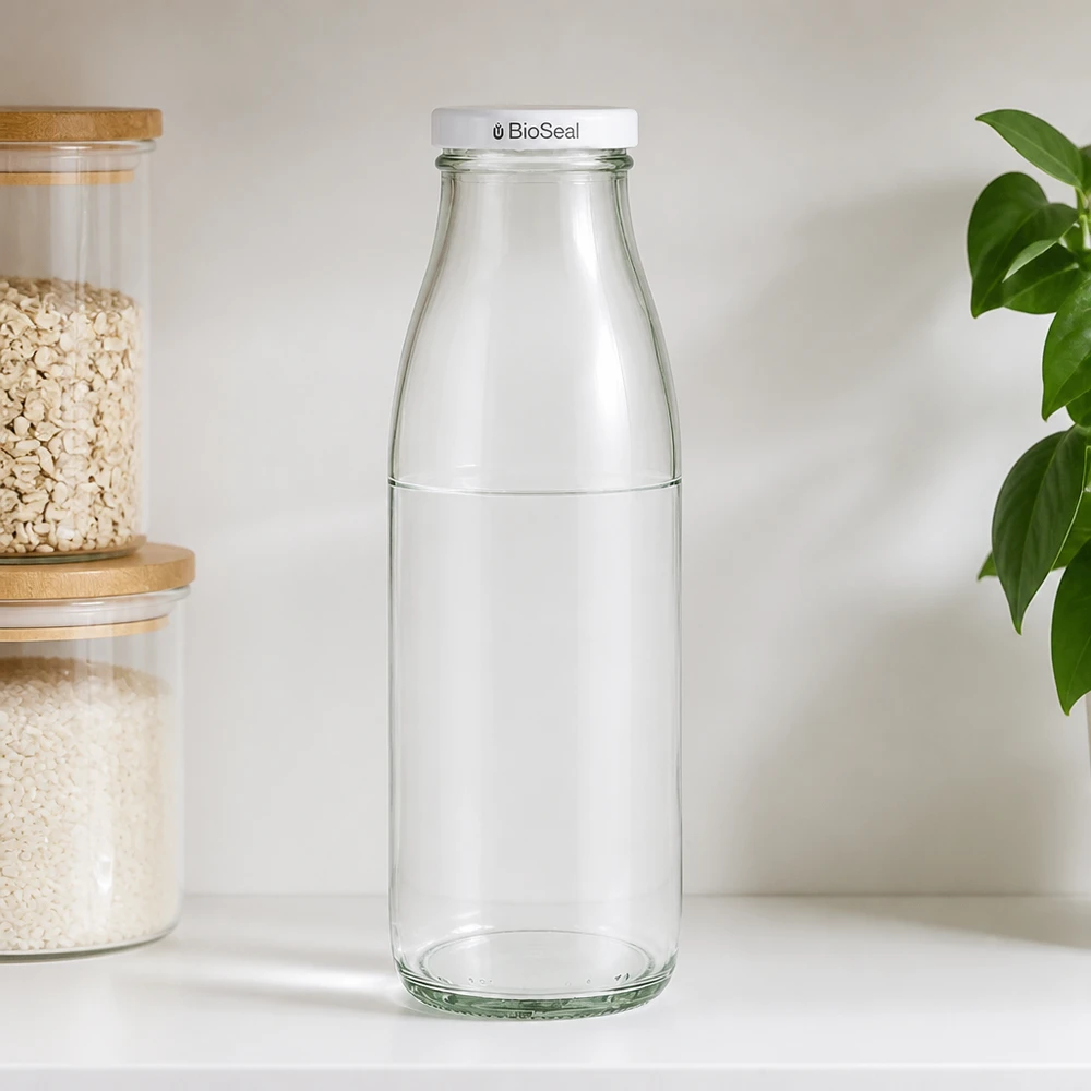 500ml Glasflasche mit BioSeal Verschluss in Küchenumgebung, neben Vorratsgläsern mit Müsli und grüner Pflanze