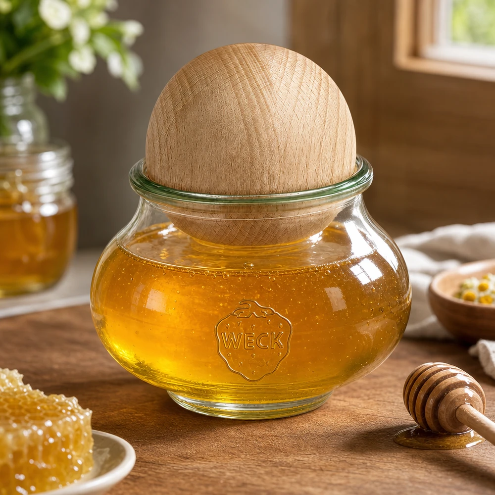 560ml Schmuckglas WECK RR80 mit Holzkugel Buche WECK Honigglas 560ml RR80 Buchenkugel Holzdeckel gefüllt mit Honig Honiglöffel Waben Küchenzubehör