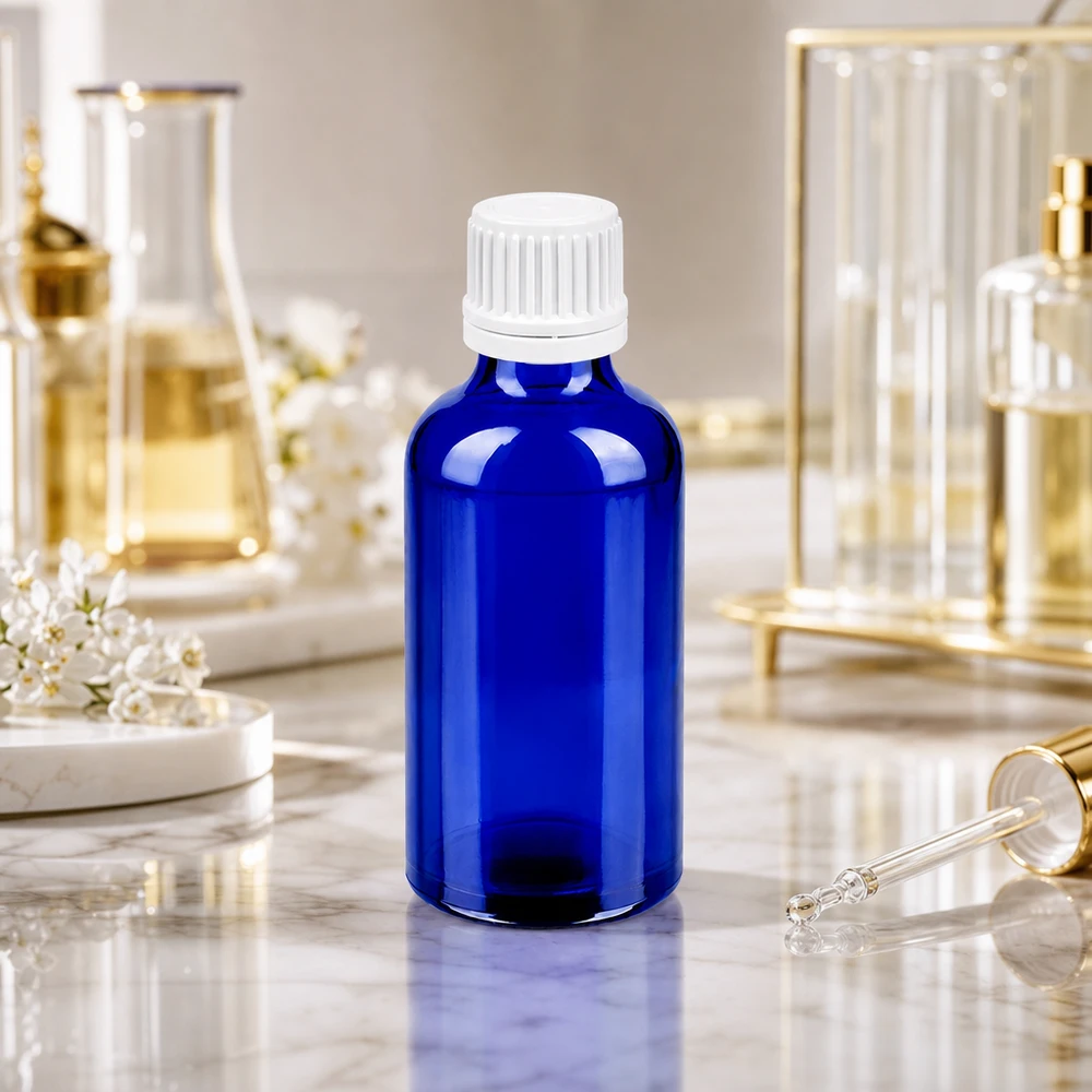 50ml Flasche 11mm Schraubverschluss weiß Originalitätsverschluss BlueLine UT18/50 Medizinische 50ml Glasflasche mit UV-Schutz und kindersicherem weißen Deckel