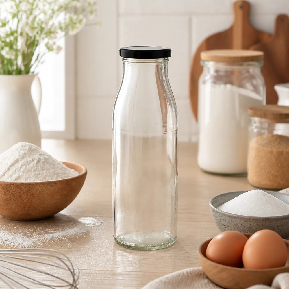500ml Glasflasche mit schwarzem Deckel in natürlicher Küchenumgebung mit Backzutaten und Holzschüsseln