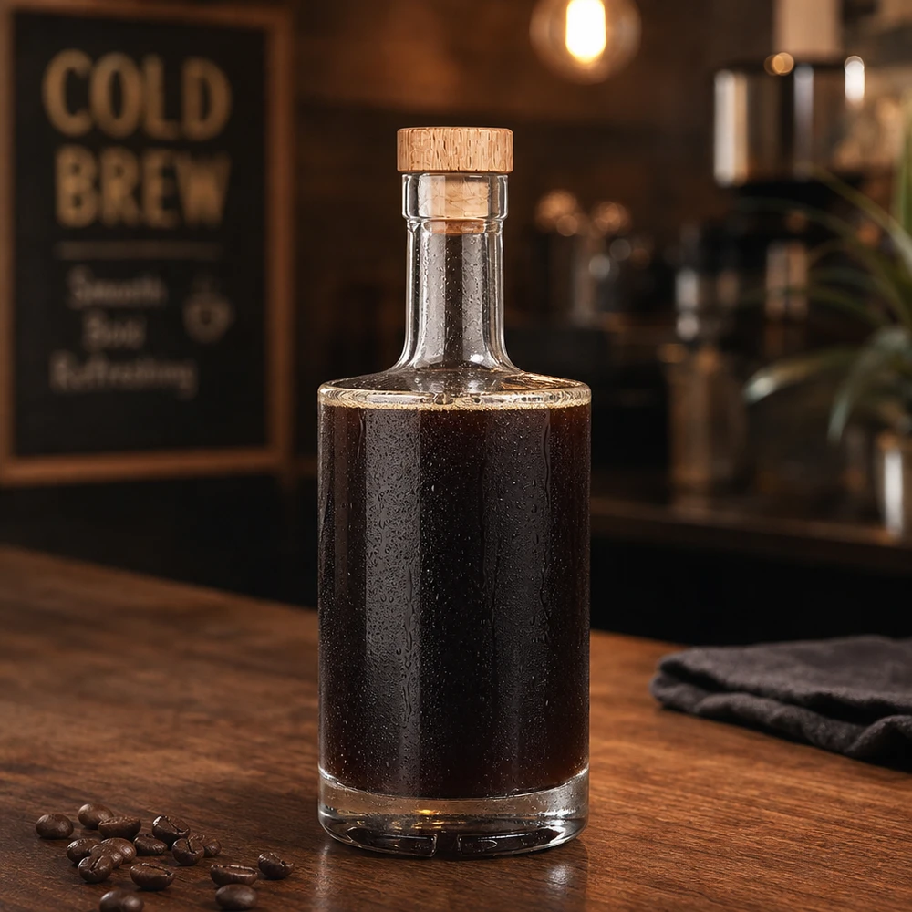 500ml Glasflasche "Passion" mit Holzgriffkorken UNiTWIST® 500ml Glasflasche Nora mit Cold Brew Kaffee gefüllt Holzkorken UNiTWIST Kaffeebohnen Barista-Ambiente rustikal