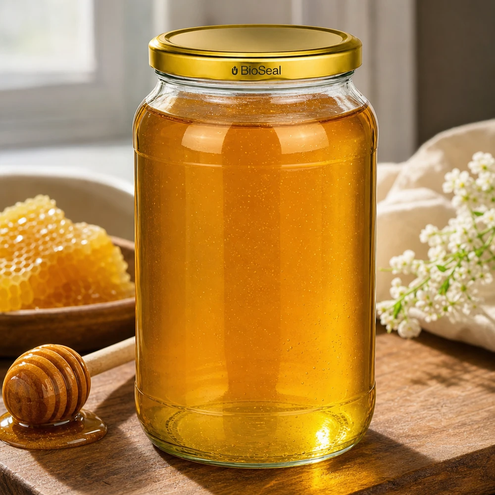 1062ml Rundglas mit BioSeal Deckel gold UNiTWIST UNiTWIST Runda1062 Honigglas gefüllt mit goldenem Honig TO82 BioSeal Deckel Holzbrett Bienenwaben Imkerei