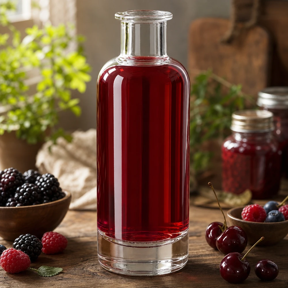 200ml Glasflasche Ella mit rotem Beerensaft gefüllt umgeben von frischen Beeren zeigt natürliche Anwendung