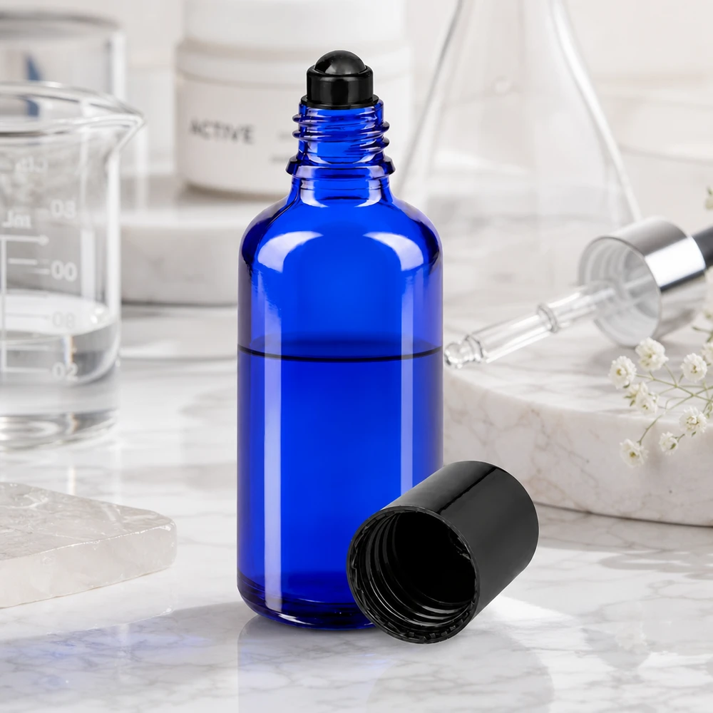 Dunkelblaue 50ml Apothekerglas Roll-On Flasche mit schwarzem Kunststoffverschluss Seitenansicht