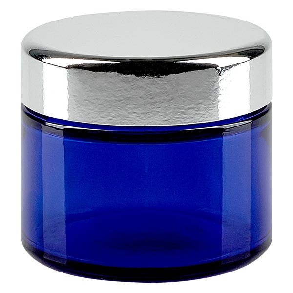 50ml Glastiegel. royalblau, mit silbernem MeD.. ApoGlas
