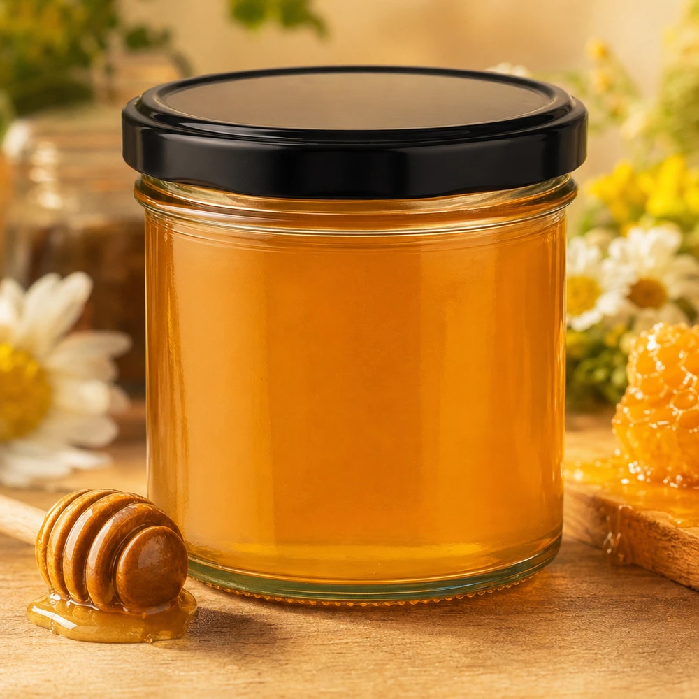 125ml Sturzglas mit schwarzem Deckel gefüllt mit goldenem Honig Honiglöffel Bienenwabe natürliche Dekoration