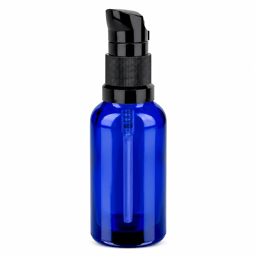 Premium Pumpspender 30ml blaue Glasflasche mit schwarzer Pumpe für flüssige Kosmetika