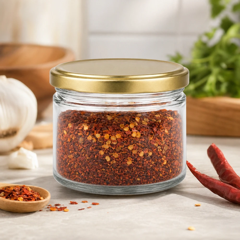 700g Honigglas BasicSeal mit goldenem Deckel gefüllt mit Chili-Gewürzmischung neben getrockneten Chilischoten