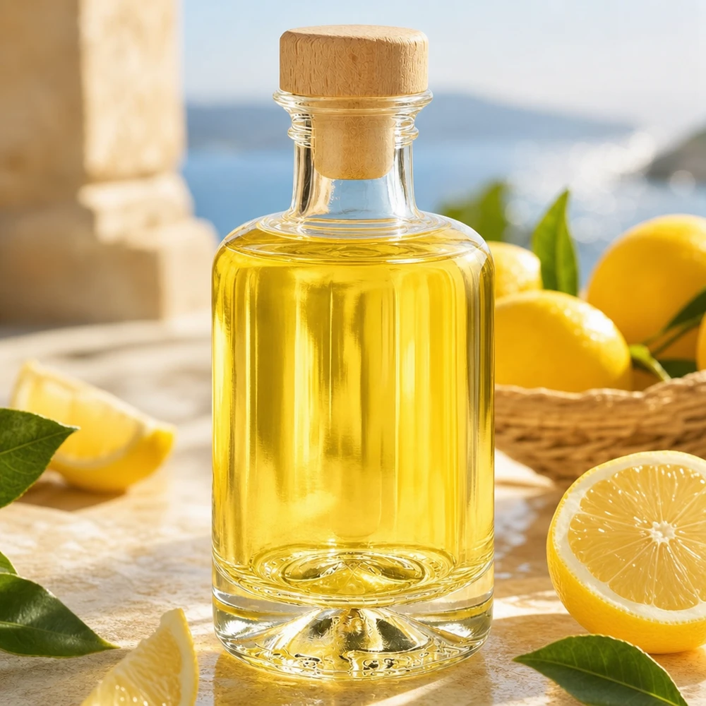 100ml Glasflasche Sofia mit Holzkorken gefüllt mit gelbem Öl neben Zitronen auf Holztisch Lifestyle Szene