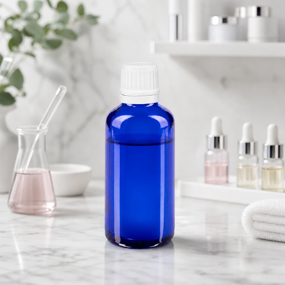 50ml Apothekerglasflasche kobaltblau mit manipulationssicherem weißen Schraubverschluss