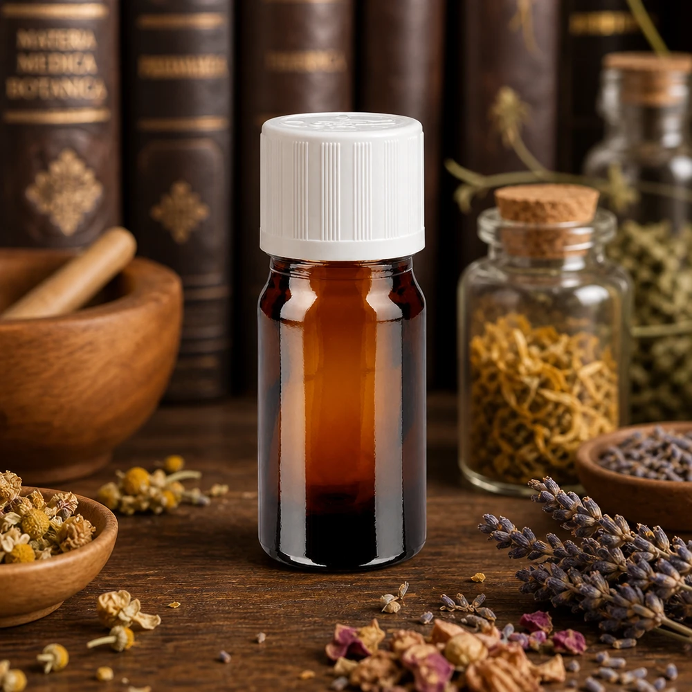 Apothekenflasche braun 5ml Schraubverschluss weiß Kindersicherung Standard Dunkle 5ml Flasche Apothekerglas weißer KiSi Deckel auf rustikalem Holztisch mit Kräutern
