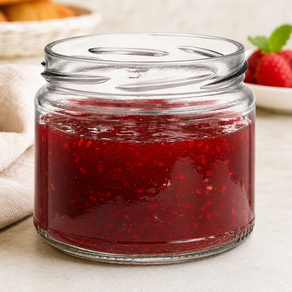 330ml Rundglas ohne Deckel (TO82) UNiTWIST UNiTWIST Runda330 Rundglas mit roter Marmelade Konfitüre gefüllt Erdbeermarmelade im Hintergrund Frühstückstisch