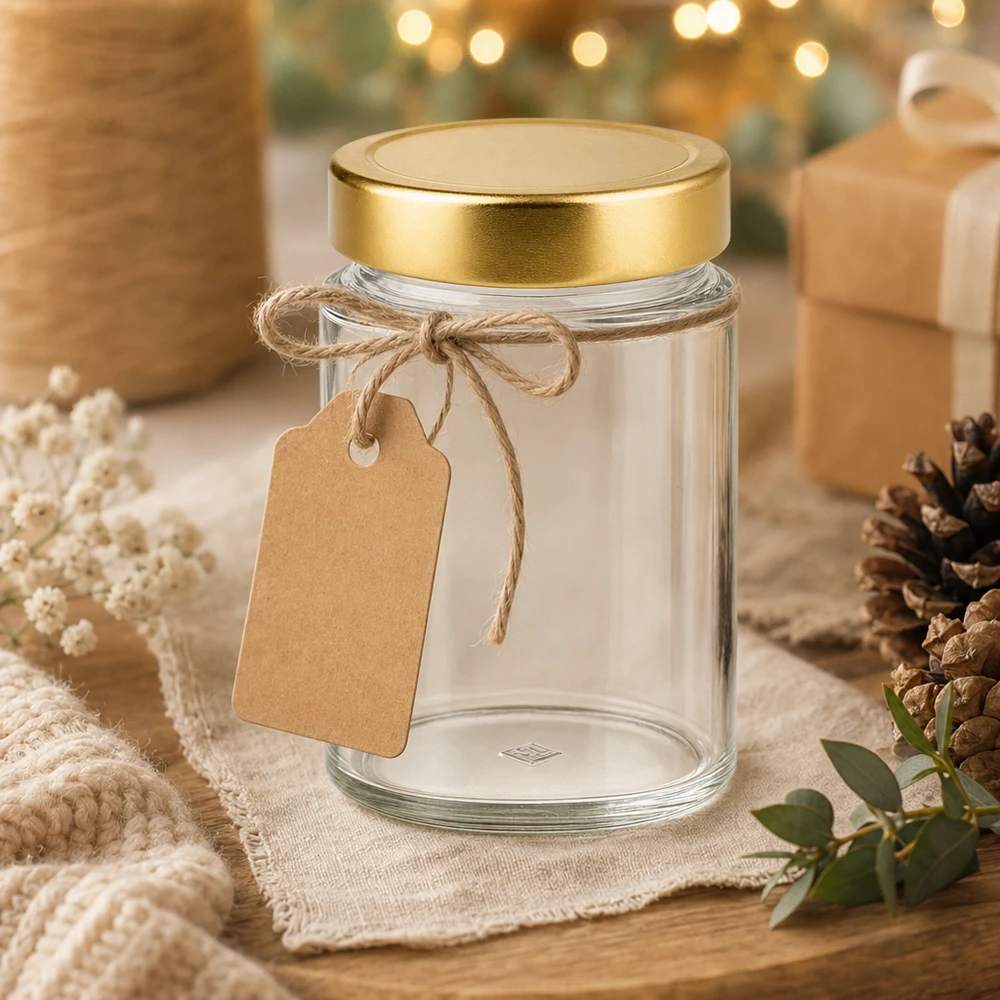 202ml Rundglas mit BasicSeal Deckel gold deep UNiTWIST 202ml Rundglas mit goldenem Deckel als Geschenkverpackung - dekoratives Glas mit Anhänger für DIY-Geschenke