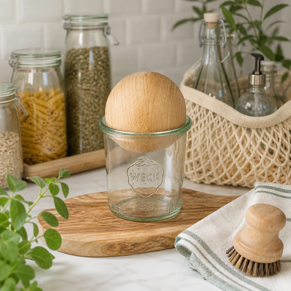 WECK Sturzglas 140ml RR60 mit Holzkugel aus Buche in nachhaltiger Küche, umgeben von Vorratsglasern und natürlichen Mate
