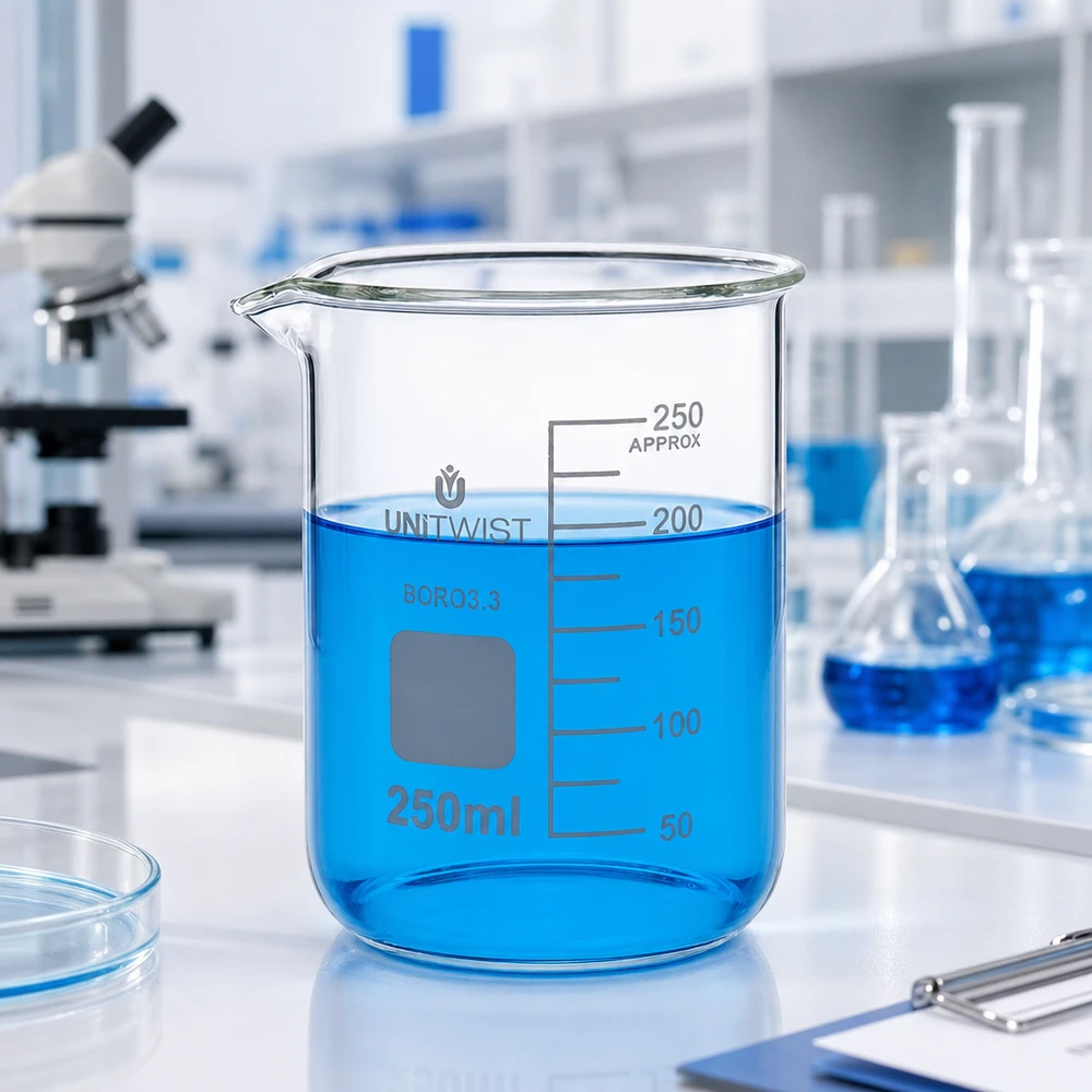 Chemiebeständiges Becherglas 250ml niedrige Form Borosilikat UNiTWIST mit Graduierung