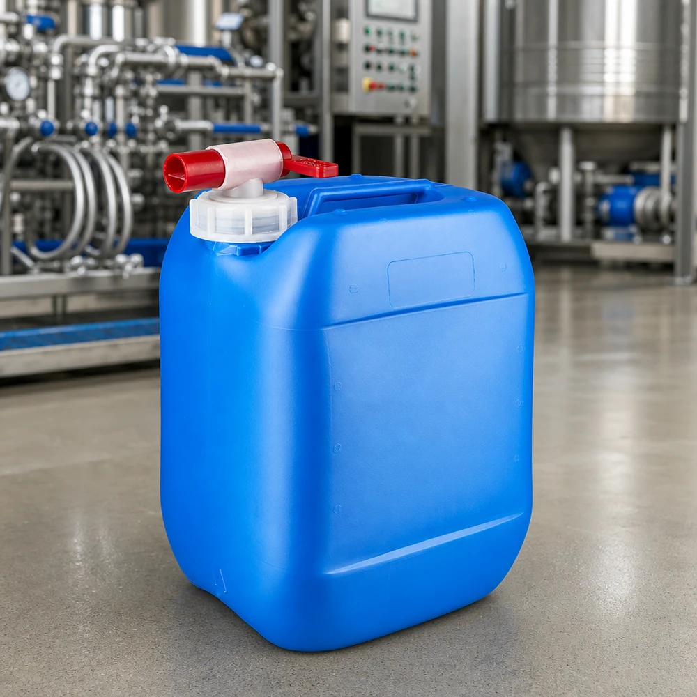 Tragbarer 10 Liter Lagerkanister blau mit rotem Ventilhahn für Industrie und Werkstatt