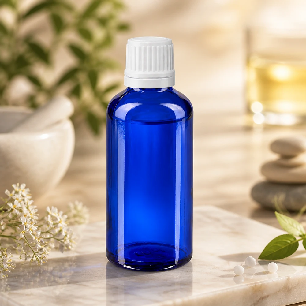 Apothekenflasche blau 50ml Schraubverschluss weiß Originalitätsverschluss Hochwertige kobaltblaue 50ml ApoGlas-Flasche mit weißem SV für ätherische Öle