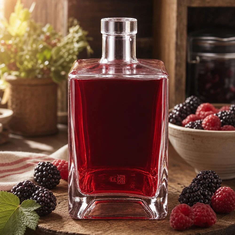 700ml Glasflasche "Gali" ohne Verschluss UNiTWIST® Glasflasche Ben 700ml mit roter Beerenlikör-Füllung umgeben von Brombeeren und Himbeeren auf rustikalem Holz