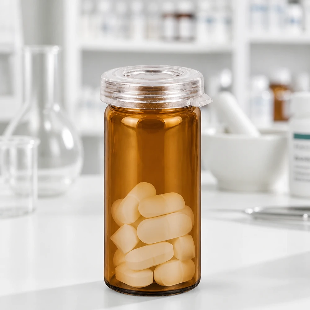 Tabletten/Rollrandglas 5ml klar mit Schnappdeckel Kleines Apothekenglas 5ml mit hermetischem Schnappdeckel und weißen Tabletten gefüllt