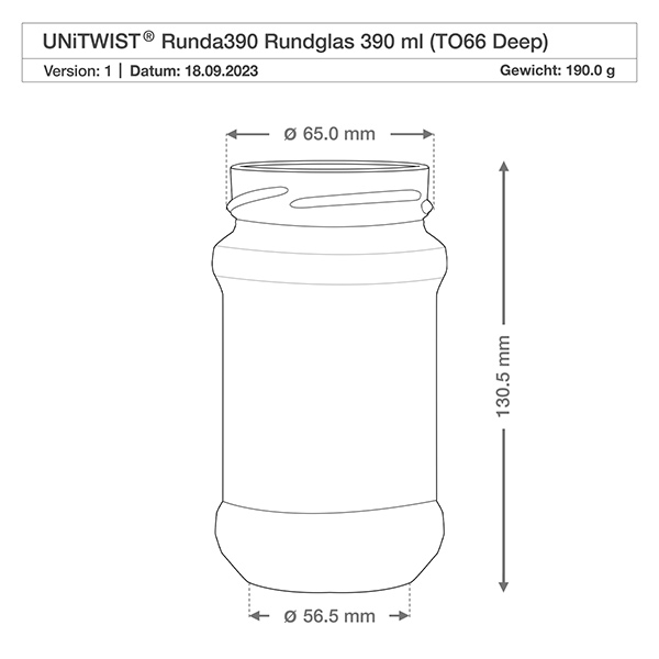 390ml Rundglas ohne Deckel (TO66deep) UNiTWIST Technische Zeichnung UNiTWIST Runda390 Rundglas 390ml TO66 Deep mit Maßangaben 65mm Durchmesser 130,5mm Höhe