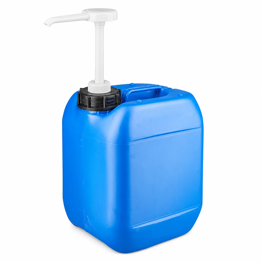 Kanister 5 Liter blau mit Dosierpumpe Blauer Industriekanister 5 Liter mit schwarzem Schraubverschluss und weißer Pumpe