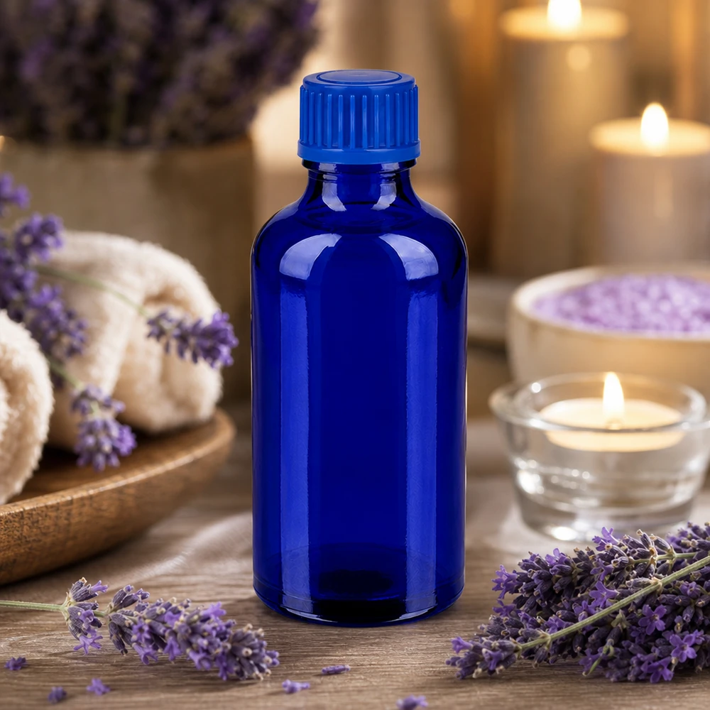 50ml Flasche 11mm Schraubverschluss blau Standard BlueLine UT18/50 Professionelle 50ml blaue Glasflasche mit 11mm SV für sichere Aufbewahrung von Ölen