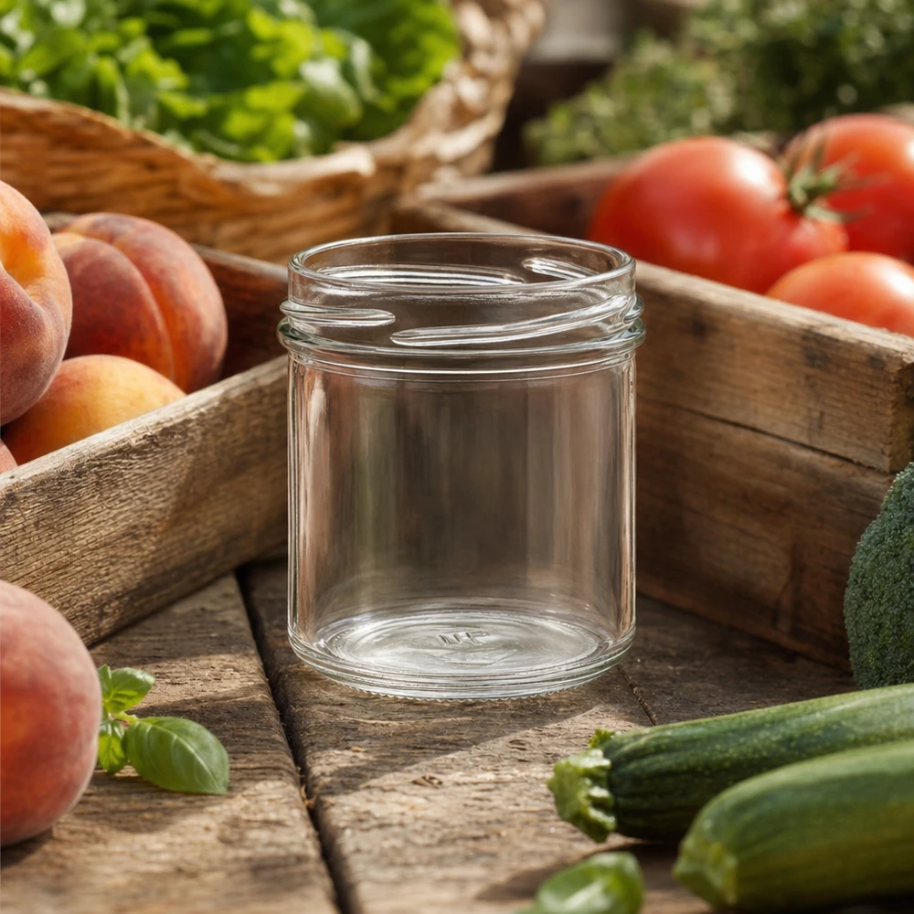 167ml Sturzglas ohne Deckel (TO66) UNiTWIST Leeres UNiTWIST Sturzglas 167ml TO66 auf Holztisch mit frischen Tomaten Pfirsichen und Gemüse für Einmachen