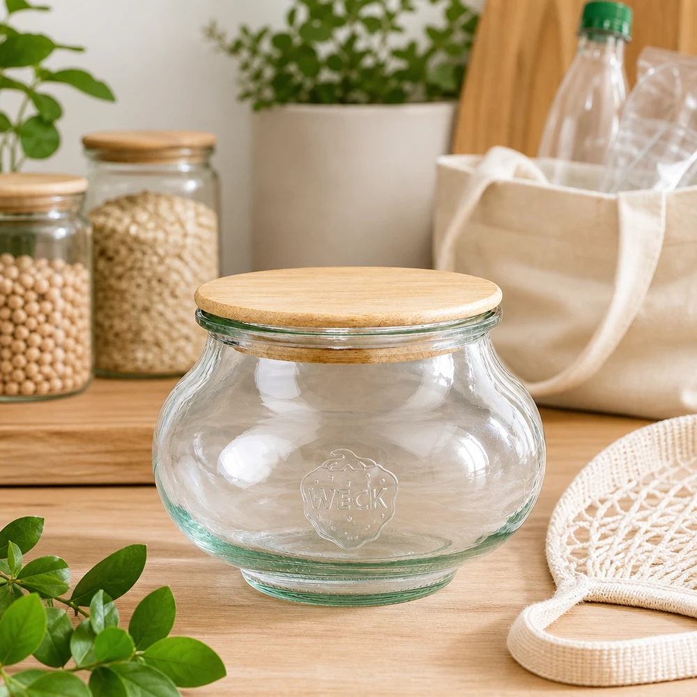 560ml Schmuckglas WECK RR80 mit Holzdeckel WECK Schmuckglas 560ml RR80 leeres Vorratsglas mit Holzdeckel in nachhaltiger Zero-Waste Küche mit Jutebeuteln