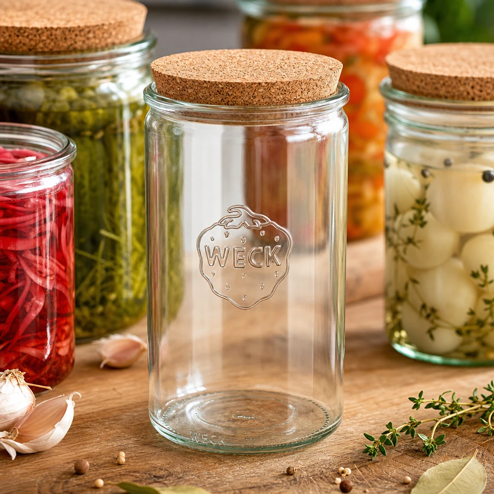 1590ml Zylinderglas WECK RR100 mit Korken natur WECK Zylinderglas 1590ml RR100 leer mit Korken zwischen gefüllten Einmachgläsern Küchenszenerie Holztisch