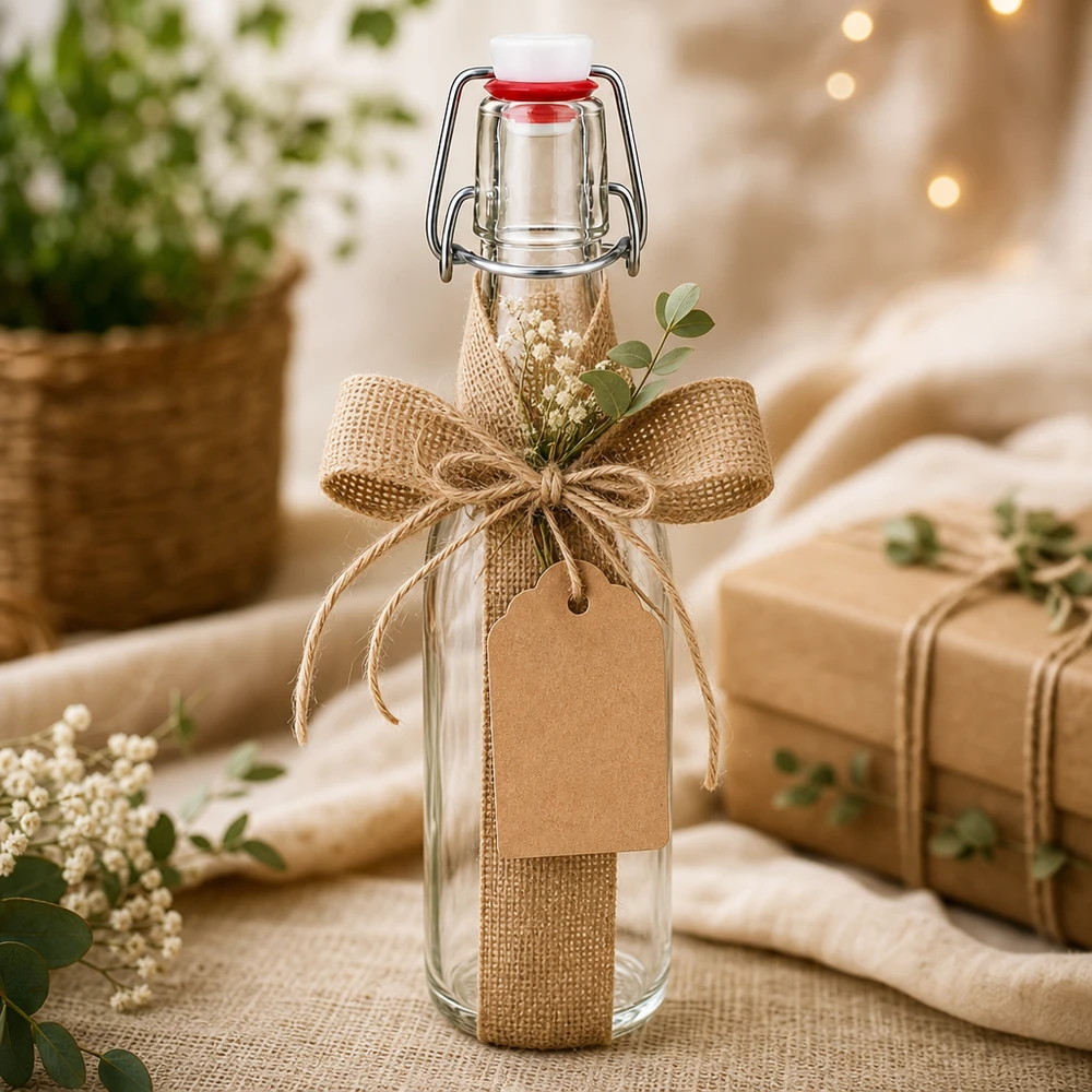250ml Glasflasche und Bügelverschluss Porzellan UNiTWIST 250ml Glasflasche mit Bügelverschluss als Geschenk dekoriert mit Juteschleife, Anhänger und getrockneten Blumen