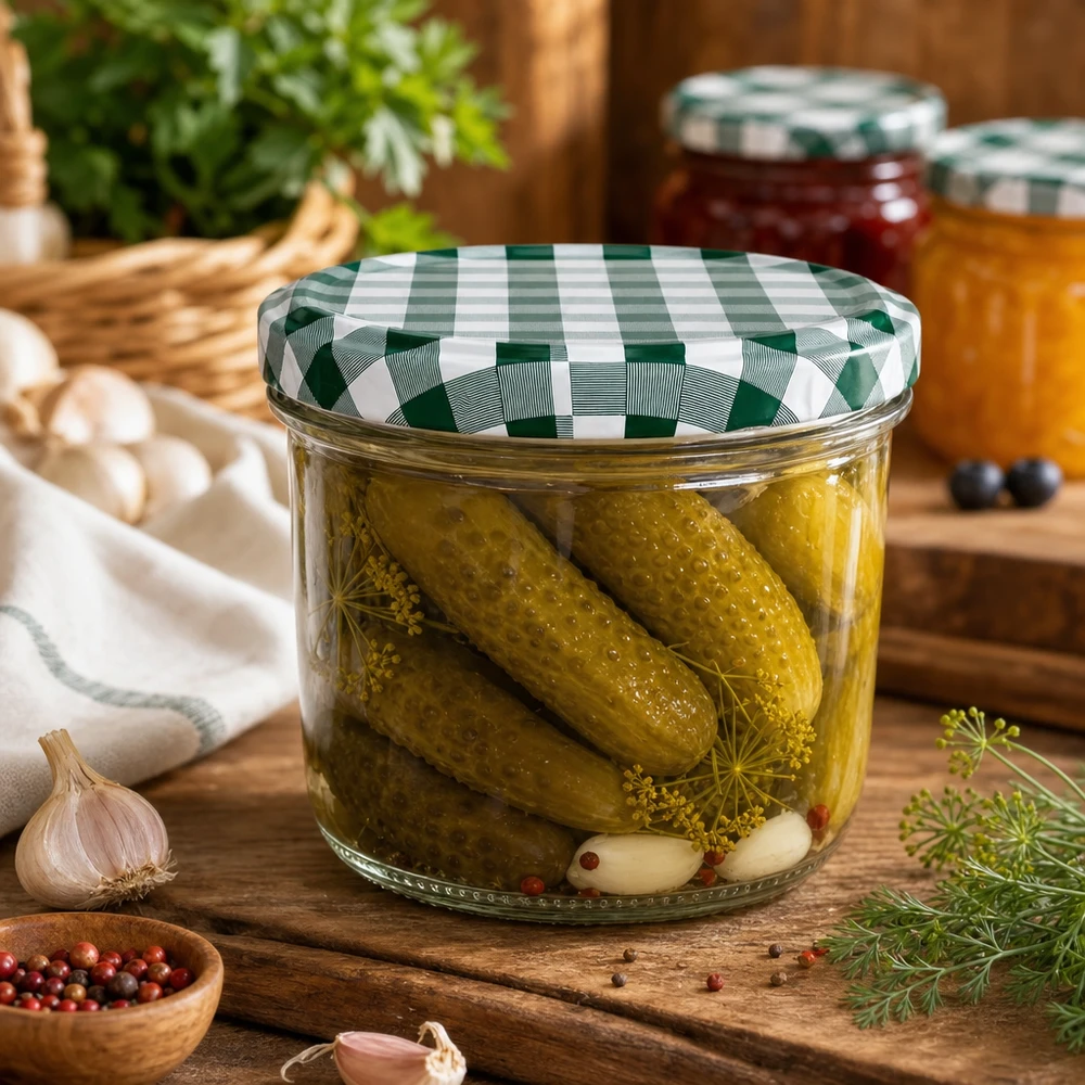 Sturzglas 230ml Einlegegurken Essiggurken gefüllt BasicSeal Deckel grün-weiß kariert Einmachen Konservieren Dill Knoblau