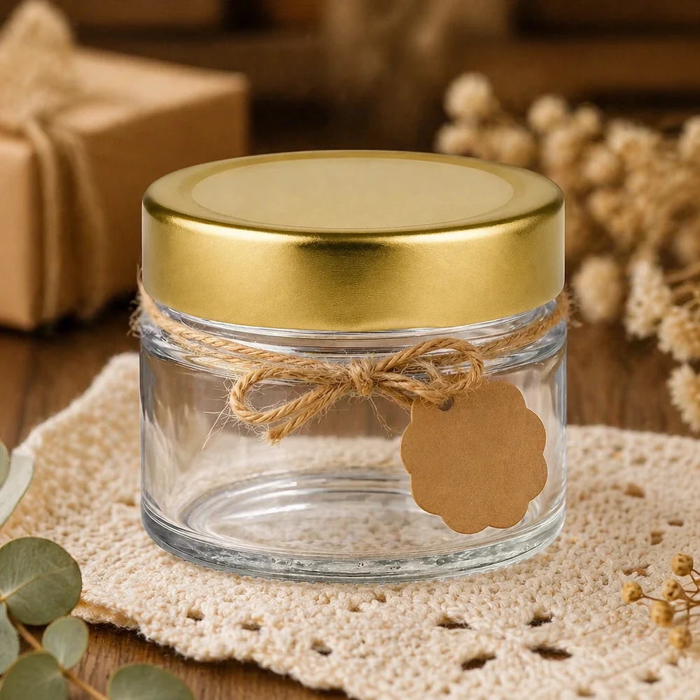 80ml Rundglas mit BasicSeal Deckel gold deep UNiTWIST 80ml Rundglas mit BasicSeal Deckel gold deep dekorativ auf Häkeldecke mit Juteschleife und Geschenkanhänger