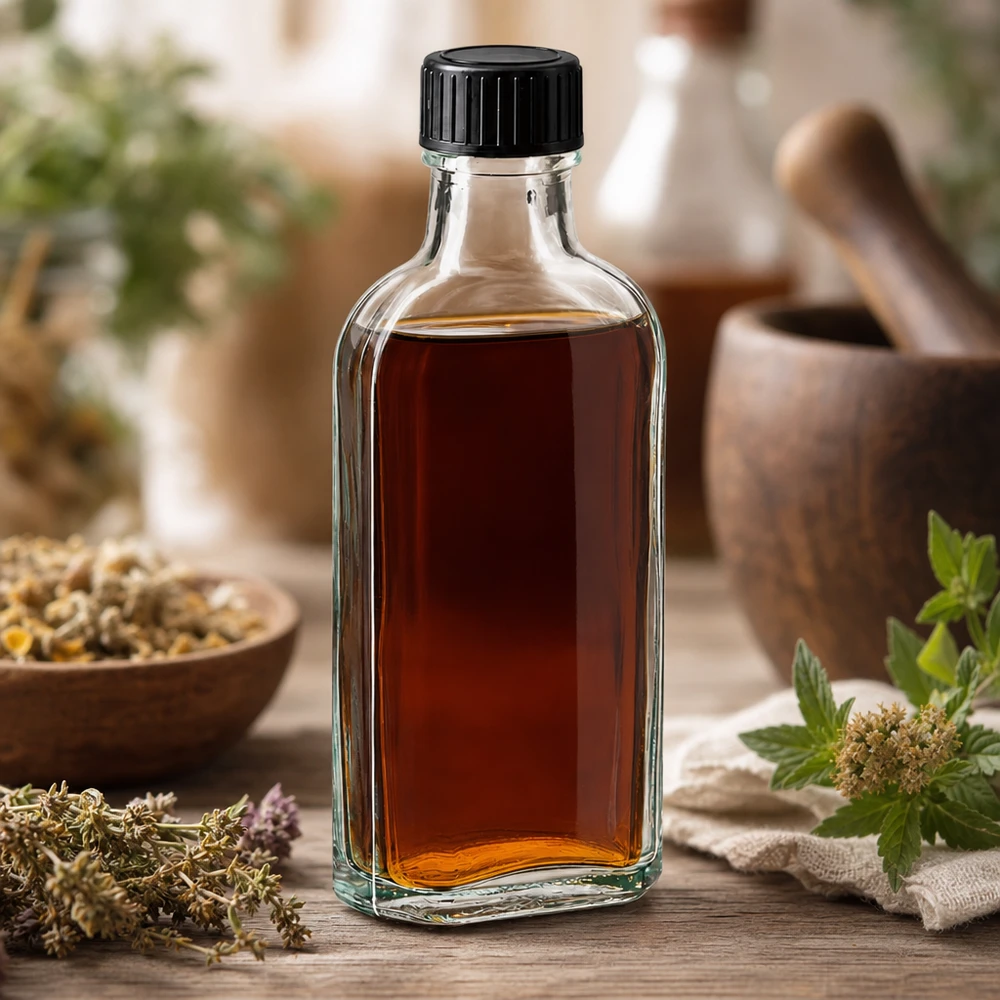 Befüllte 100ml Apothekerflasche mit Lavendel Minze und Kamille auf Holzuntergrund arrangiert