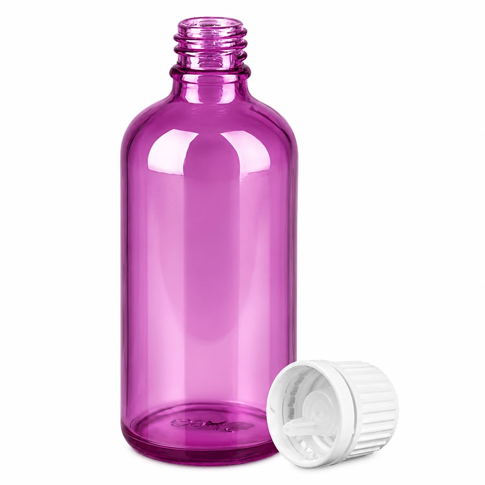 Ovale 100ml Tropfflasche lila transparent mit weißem Dosieraufsatz für Laboranwendungen