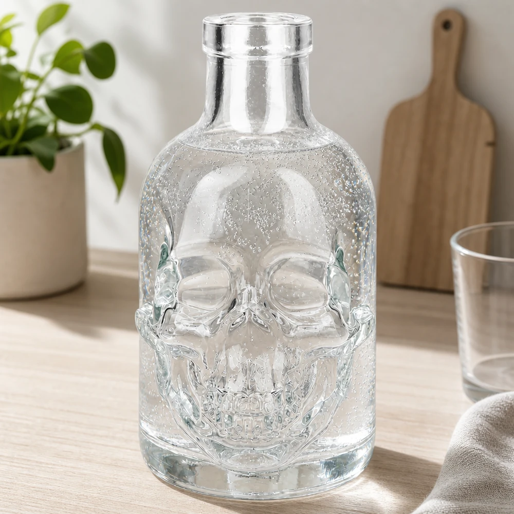 Glasflasche Jack 200ml Totenkopf Relief transparent Küchentisch Ambiente natürliches Licht Holzbrett Pflanze