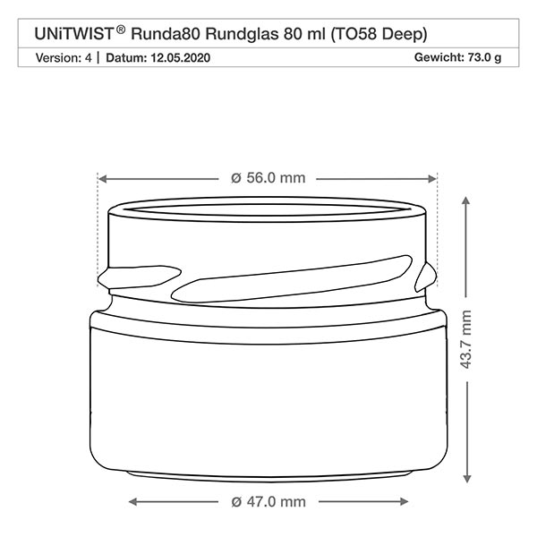 80ml Rundglas ohne Deckel (TO58deep) UNiTWIST UNiTWIST Rundglas 80ml TO58 Deep mit Abmessungen 56mm Durchmesser und 43,7mm Höhe technische Zeichnung