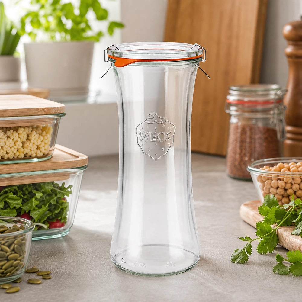 WECK 700ml Delikatessenglas RR80 leer mit Deckel in moderner Küche zwischen Vorratsgläsern und frischen Kräutern