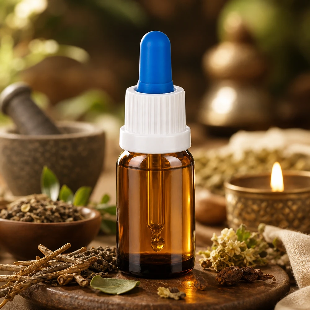 Kompakte 10ml Pipettenflasche in Braun mit rutschfestem weißen Verschluss und blauer Tropfspitze