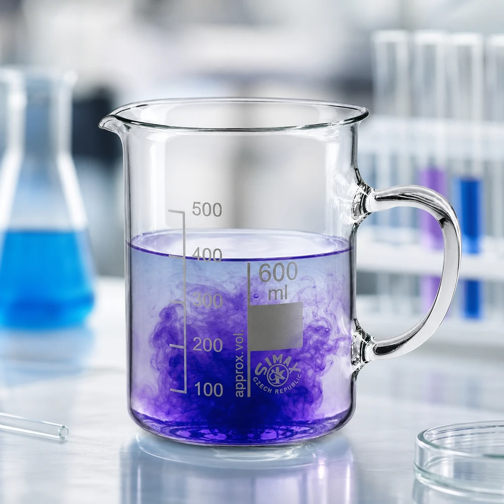 Becherglas 600ml Borosilikatglas, mit Henkel Zylindrisches Becherglas 600ml mit Henkel und Ausguss im professionellen Laborumfeld