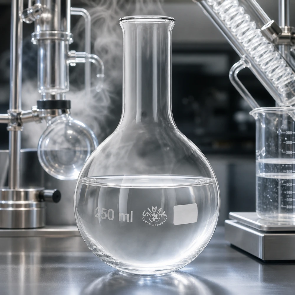 Professioneller Glaskolben 250ml Enghals zwischen modernen Laborgeräten und Apparaturen