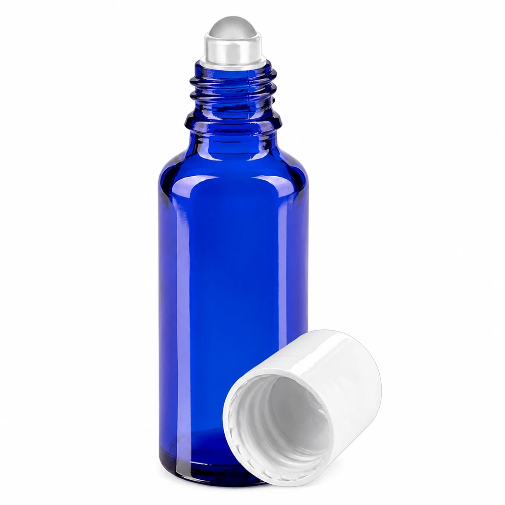 Apothekenflasche blau 30ml Roll-On Verschluss weiß Blaue 30ml Rollflasche aus UV-Schutz Apothekerglas mit Edelstahlkugel weiß