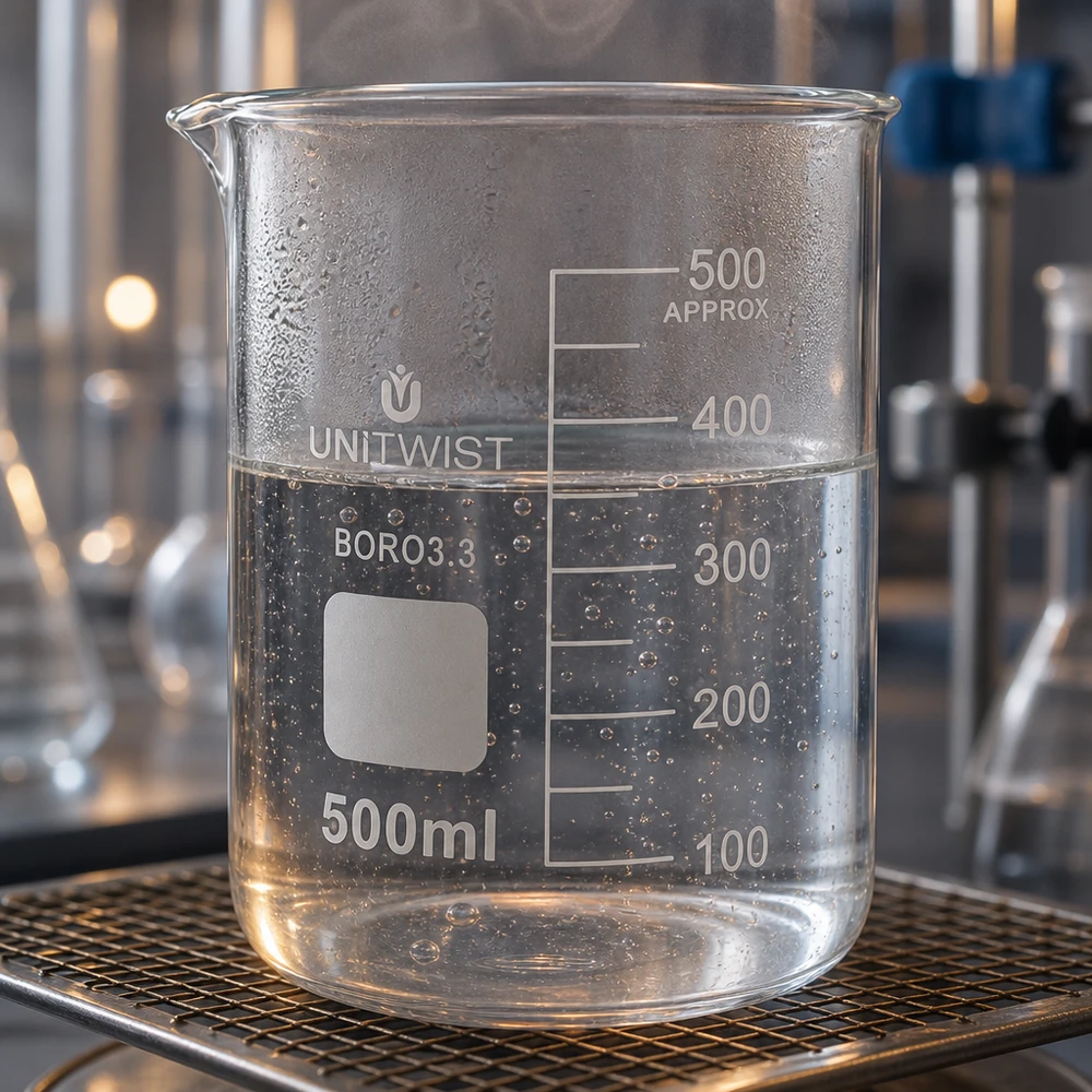 Becherglas 500ml Borosilikat, niedrige Form UNiTWIST Klarglas Becherglas 500ml UNiTWIST BORO3.3 mit Ausguss und Blasenbildung im Laboraufbau