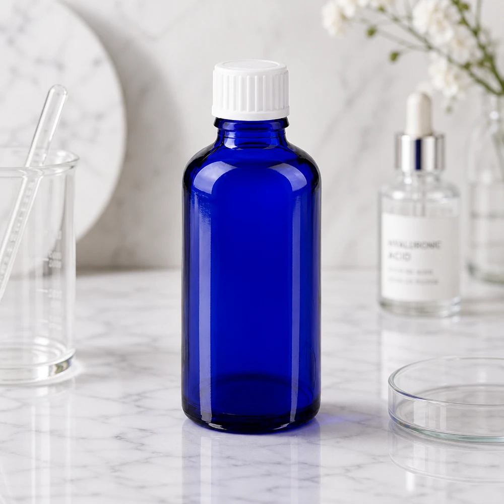 Lichtschutzflasche 50ml blau mit weißem Verschluss für Kosmetik und Pharmazeutika
